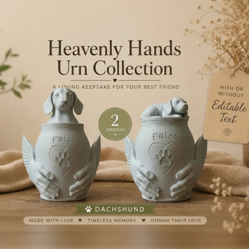 Two dachshund-shaped urns with 'Falcon' engraved on them, part of the Heavenly Hands Urn Collection, on a wooden surface.