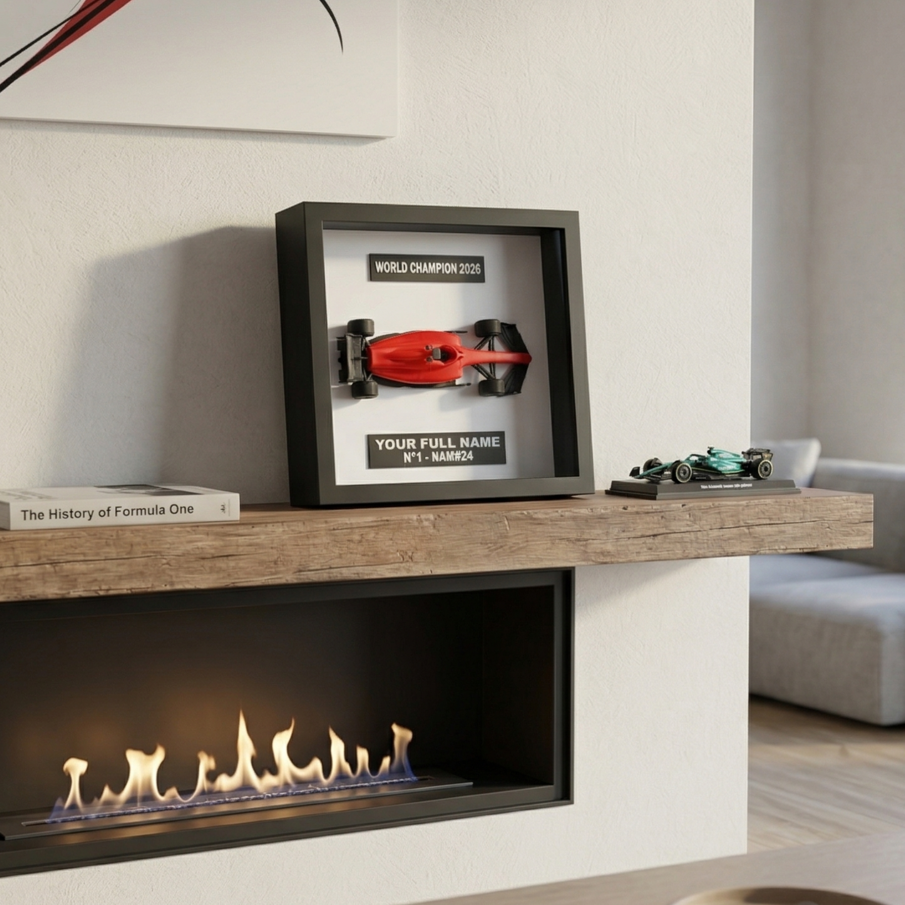 formula one Shadowbox on a fireplace mantle