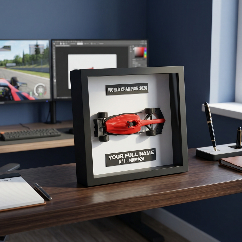 Framed racing car print on a desk with gaming setup in the background