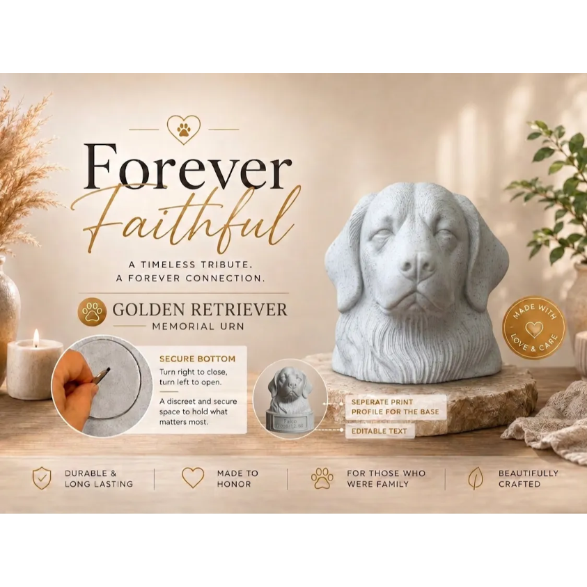 Memorial urn for a golden retriever with 'Forever Faithful' text and product details.