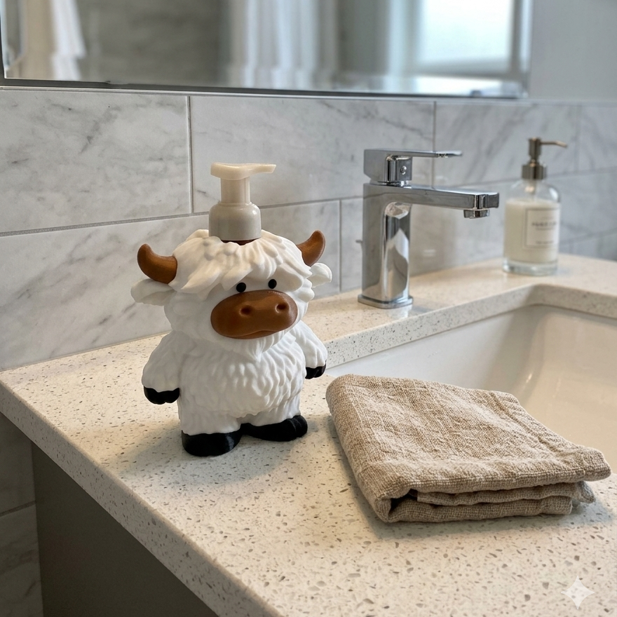 White Highland cow soap bottle holder beside the sink