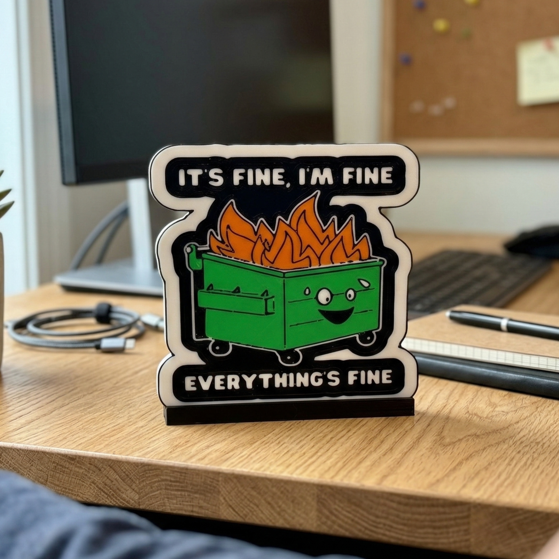 Cute multicolor desktop sign showing a dumpster that reads It's fine, I'm fine, everything is fine!