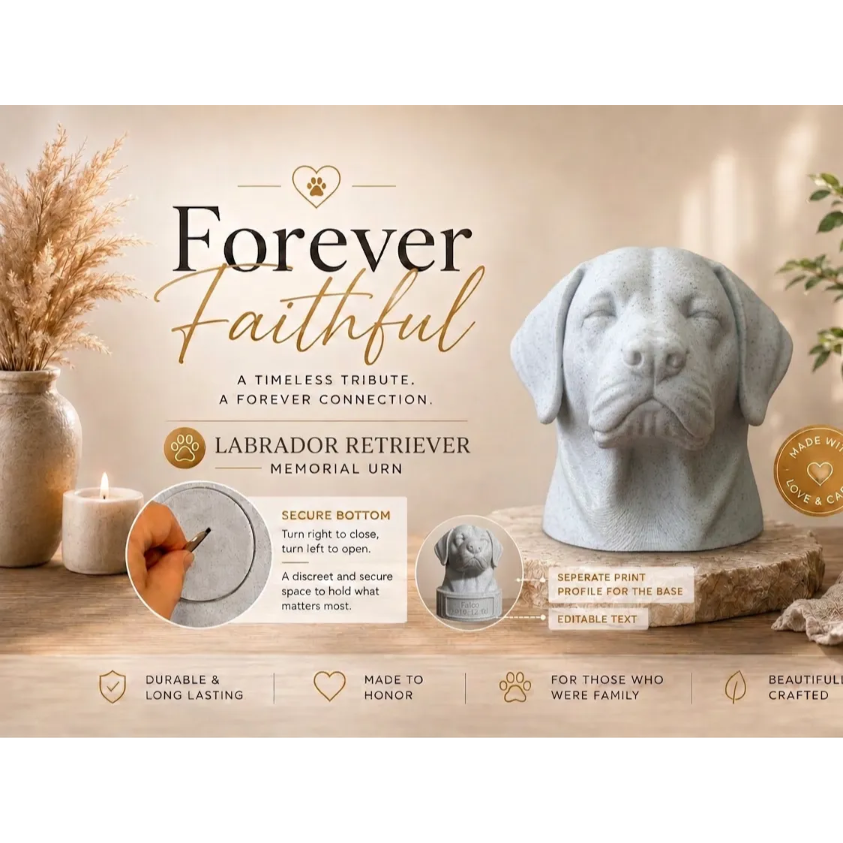 Memorial urn for a Labrador Retriever with decorative elements on a wooden surface.