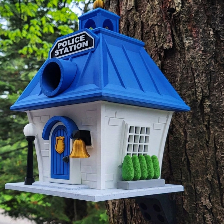 Birdhouse designed like a police station attached to a tree
