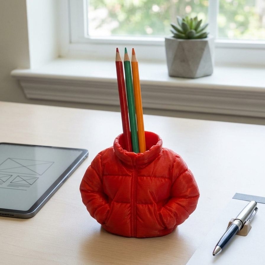 Red puffer jacket-shaped pen holder with colored pencils on a desk.