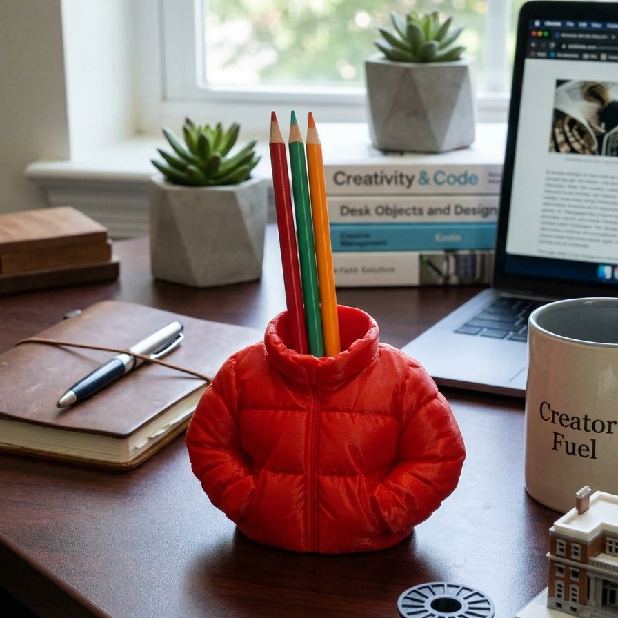 Desk with a red puffer jacket pen holder, laptop, and office supplies.