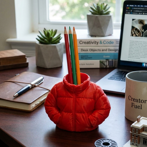 Desk with a red puffer jacket pen holder, laptop, and office supplies.