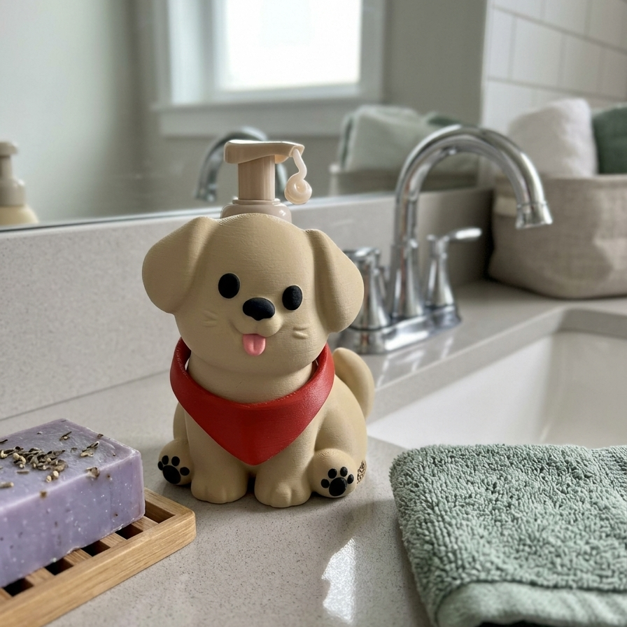 Puppy dog soap bottle holder sitting at the edge of a sink