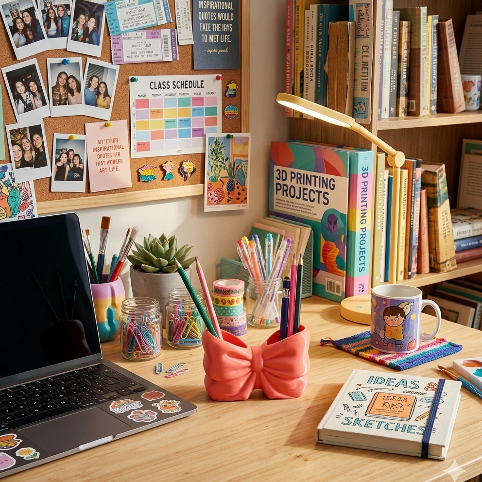 Desk with laptop, books, and stationery items in a home office setting