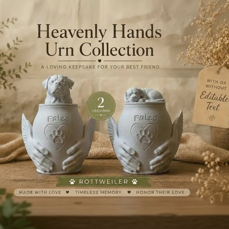 Two dog urns from the 'Heavenly Hands Urn Collection' on a wooden surface with decorative elements.