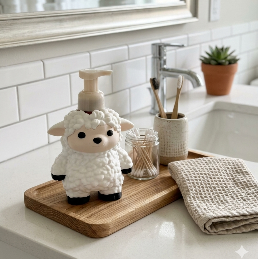 Cute White sheep soap bottle holder sitting by a bathroom sink
