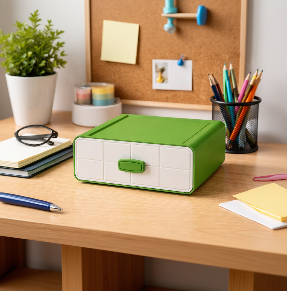 Green storage box on a desk with stationery items