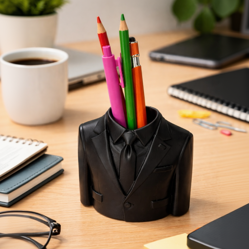 Black suit-shaped pen holder with colorful pens on a desk.