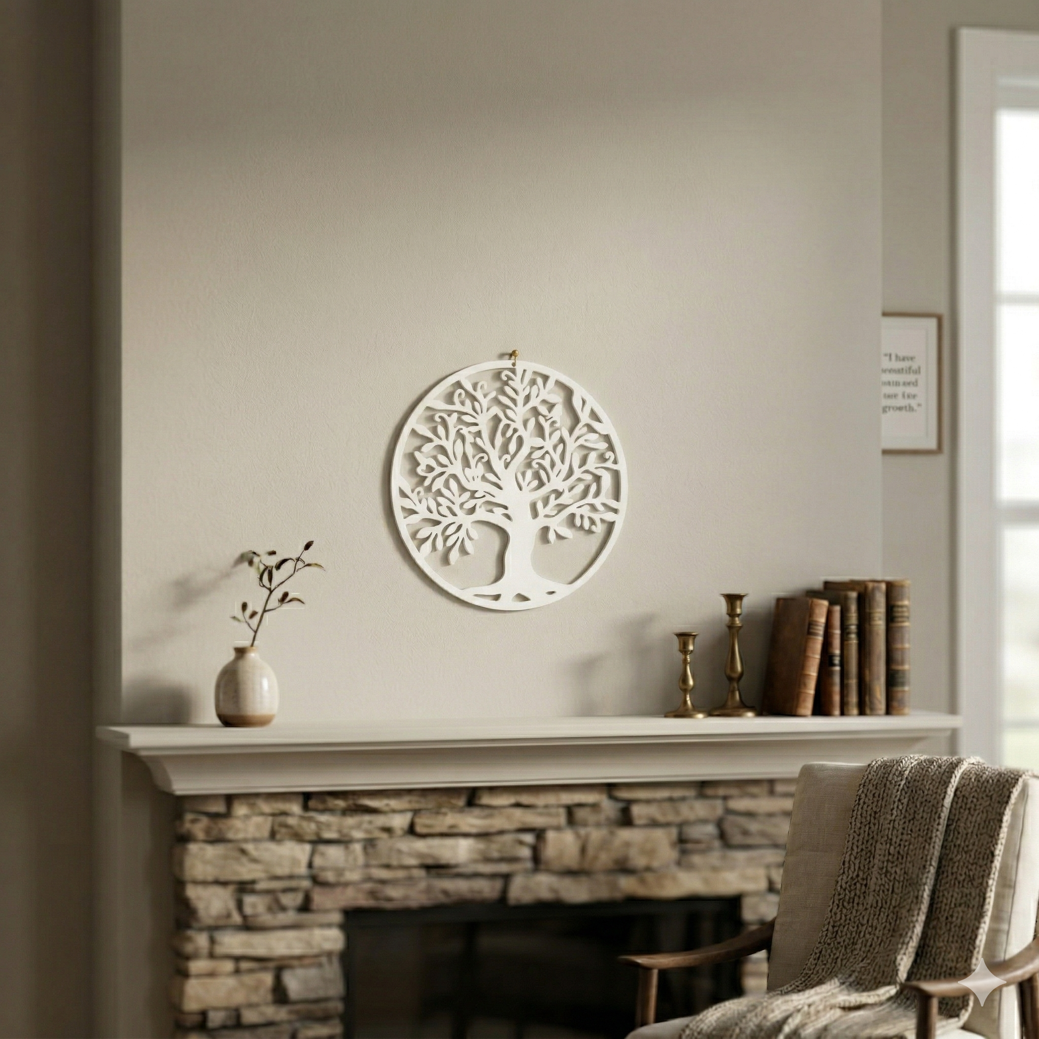 Decorative 3D printed 10" Tree of Life Wall Decor on a wall above a fireplace.
