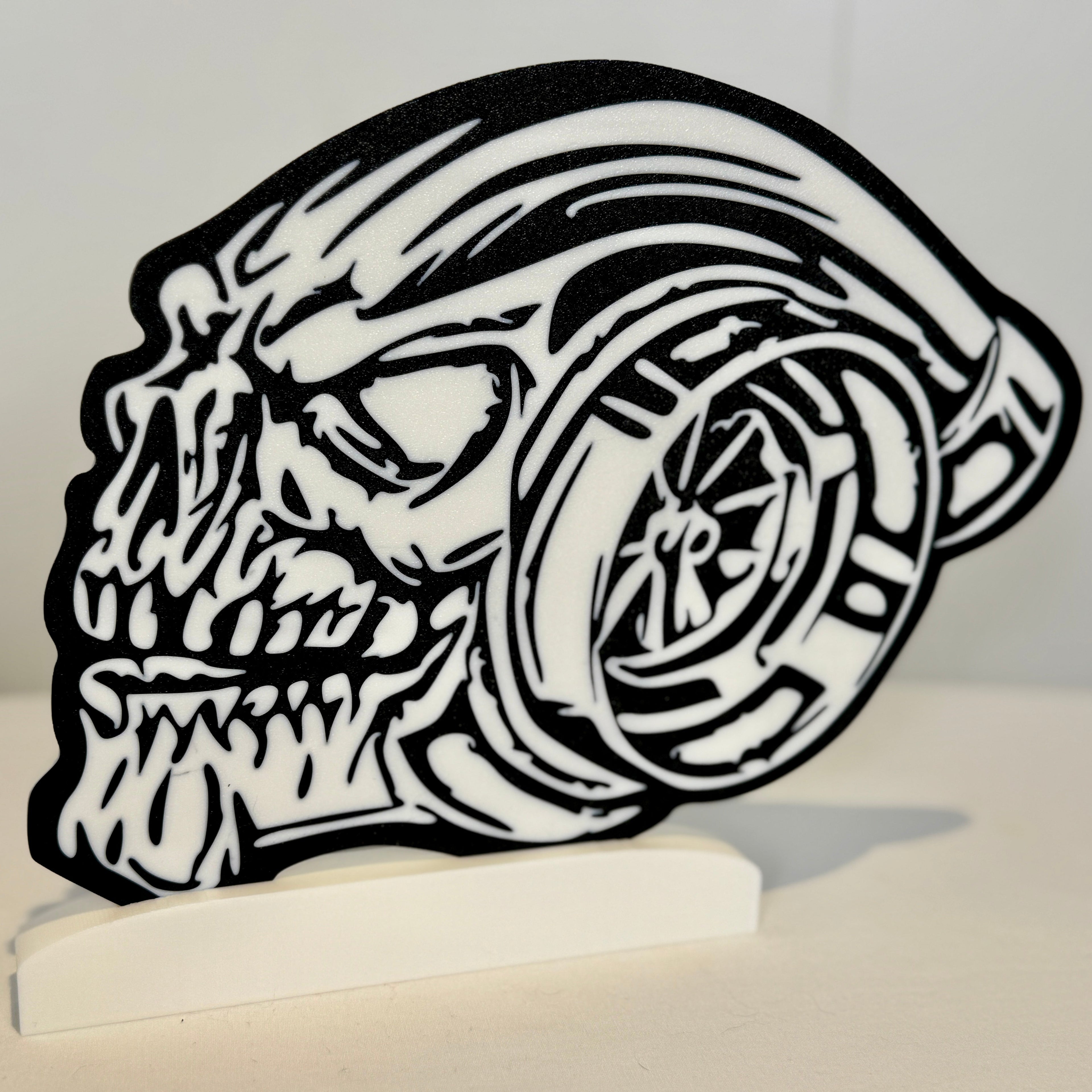 3D printed turbo skull sign withstand front view.