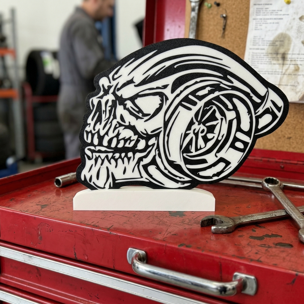 3D Printed Turbo skull Signs Sitting on a mechanic's toolbox