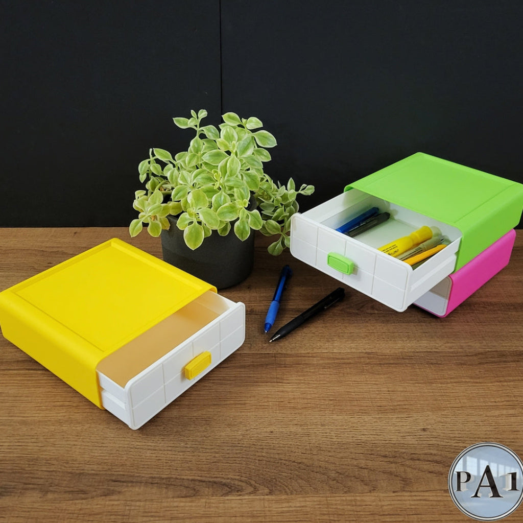 Colorful pencil case with a plant and pens on a wooden surface